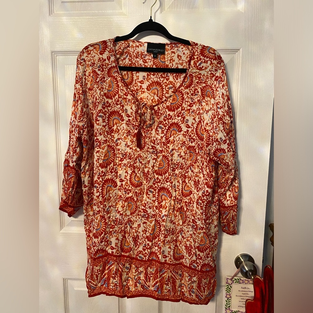 Cynthia Rowley Red and Orange Patterned Blouse